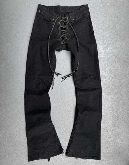 IfSixWasNine Early 00s ‘NO. LU/ BCM-PRF’ Black Lace-up Flare Denim