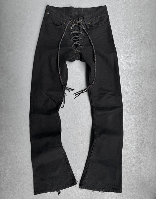 IfSixWasNine Early 00s ‘NO. LU/ BCM-PRF’ Black Lace-up Flare Denim
