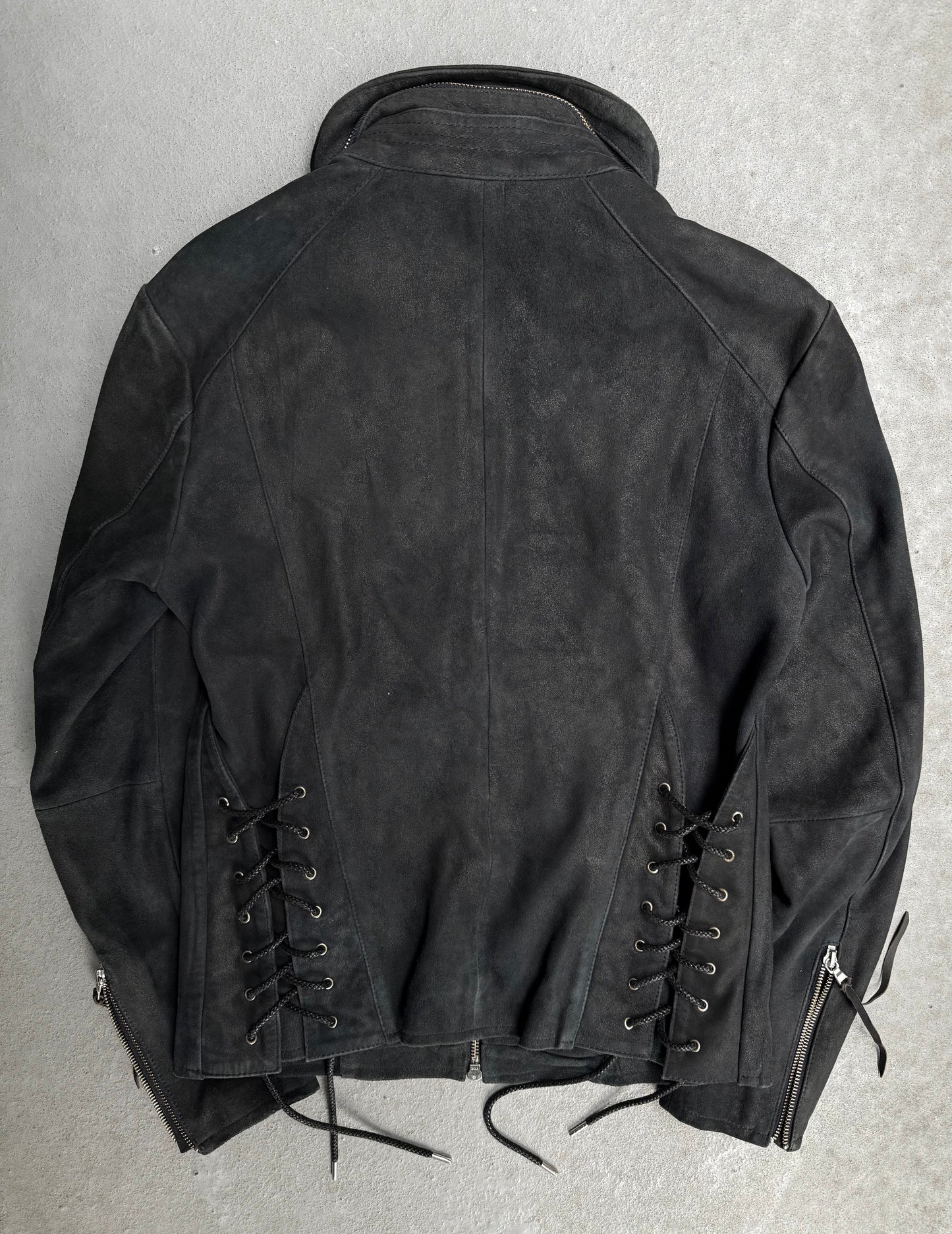 Tornado Mart Early 00s Dark Blue Corset Back Goatskin Suede Leather Jacket