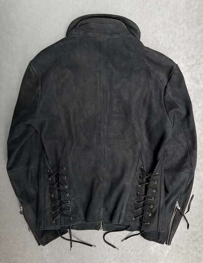 Tornado Mart Early 00s Dark Blue Corset Back Goatskin Suede Leather Jacket