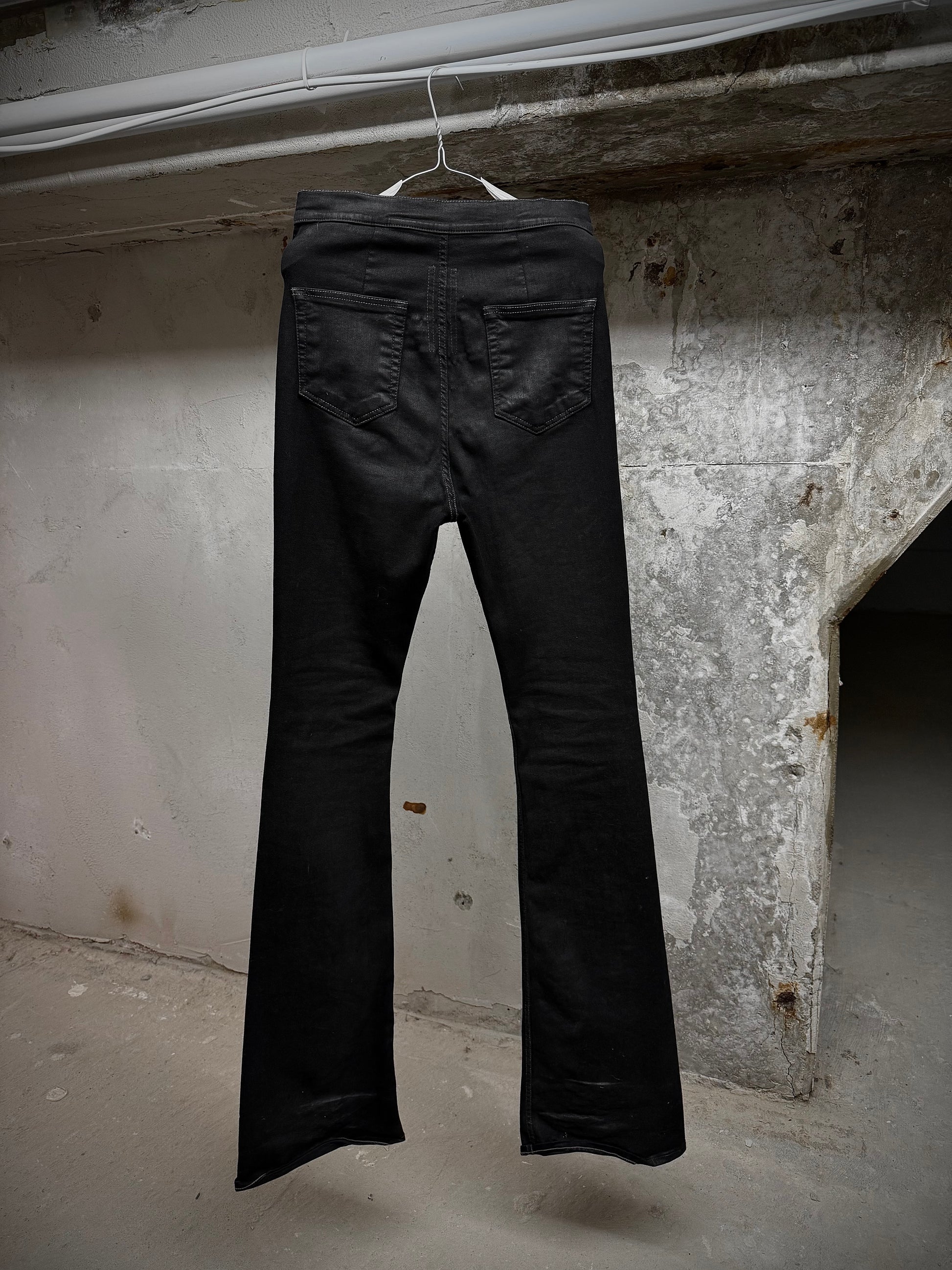 Rick Owens DRKSHDW AW21 "GETHSEMANE" 'BOLANS BOOTCUT' Waxed Flare Denim detail | DRIEW GARMENTS