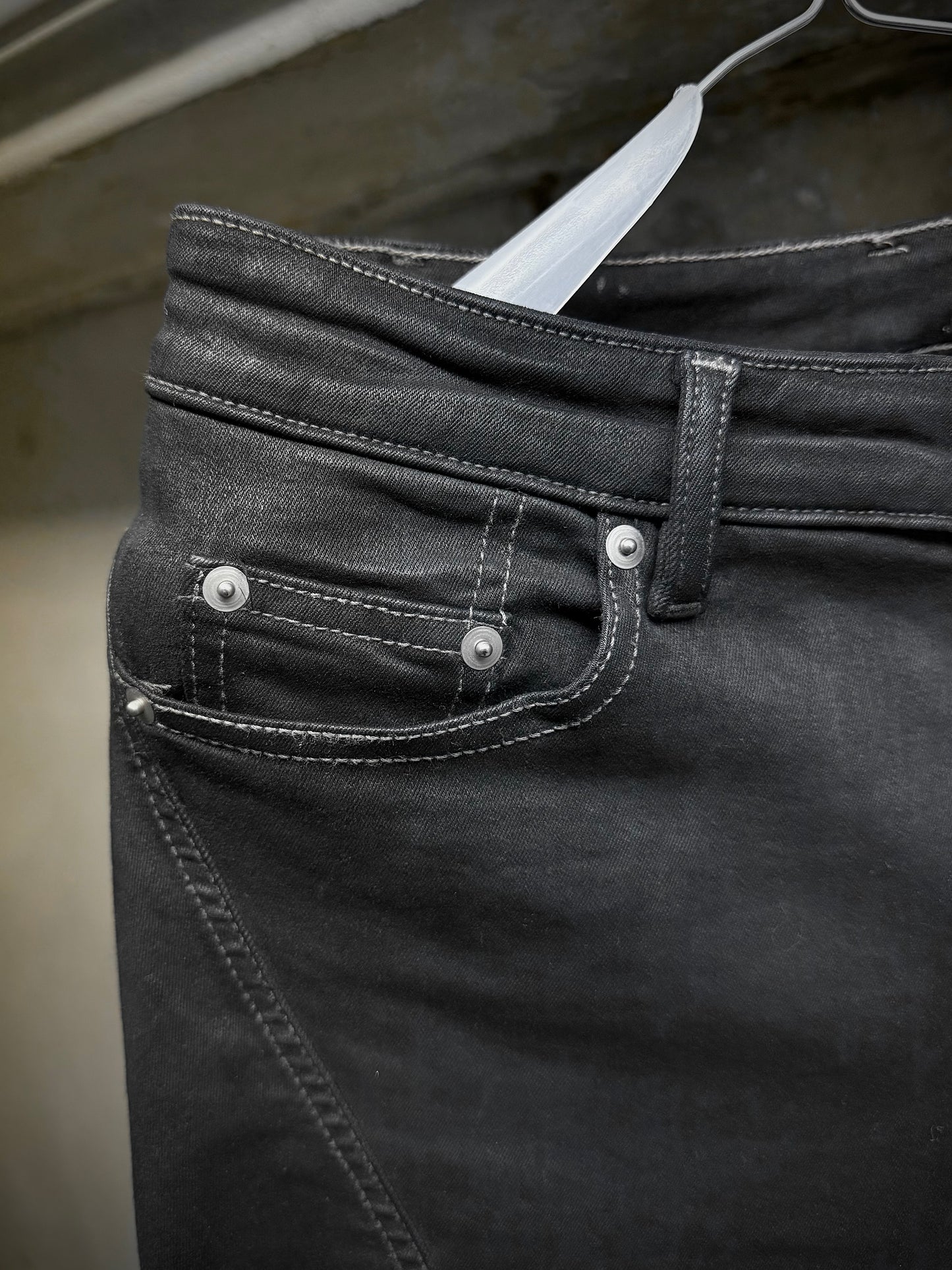 Rick Owens DRKSHDW AW24 "PORTERVILLE" 'BIAS BOOTCUT' Waxed Flare Denim detail | DRIEW GARMENTS