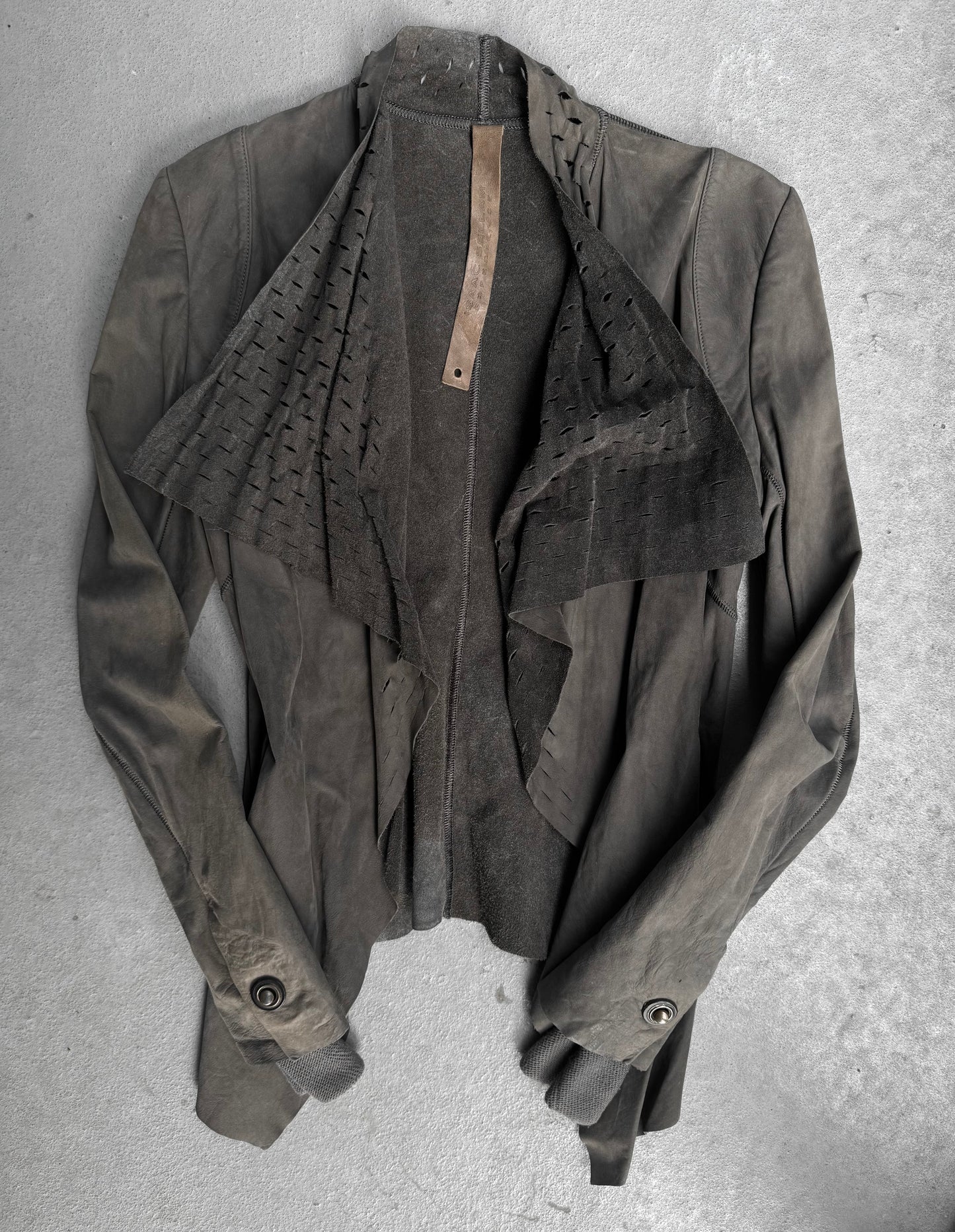 Isaac Sellam: “Experience” Open-front Laser Cut Calfskin Leather Cardigan