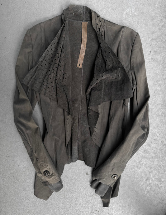 Isaac Sellam: “Experience” Open-front Laser Cut Calfskin Leather Cardigan