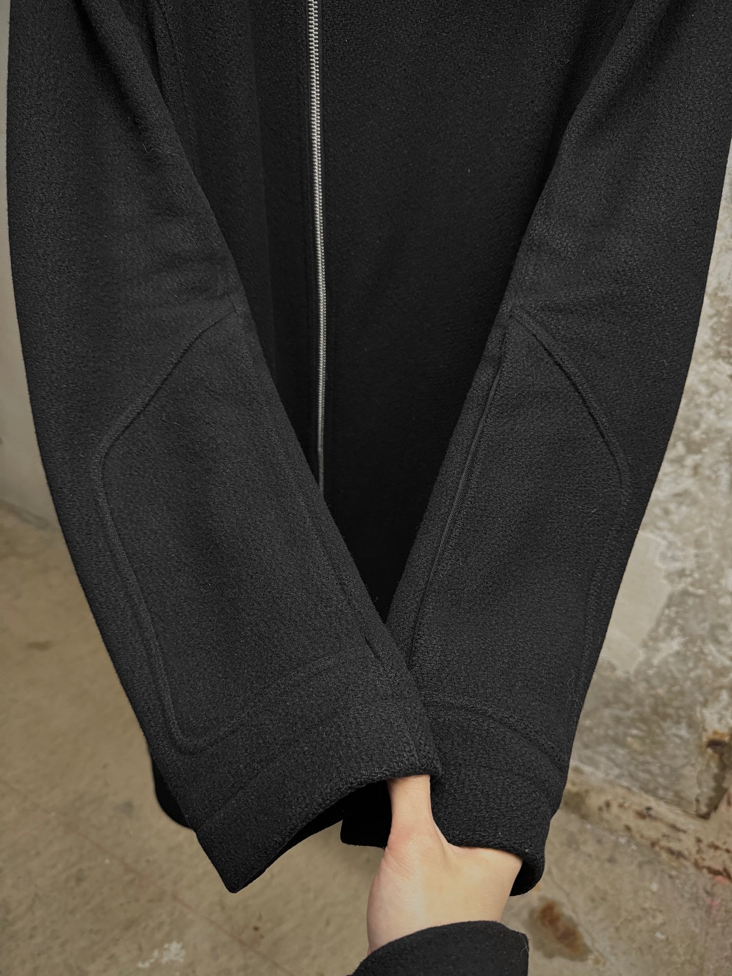 Rick Owens AW15 "SPHINX" Mollino Asymmetrical Front Zip Heavy Wool Coat detail | DRIEW GARMENTS