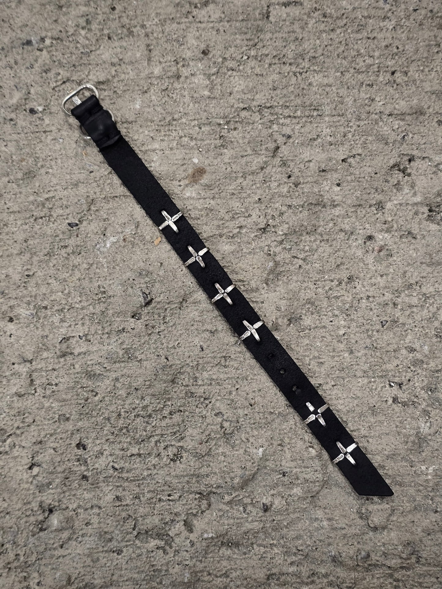m.a+ 'A-F2BL1 GR 2.0' .925 Silver Cross Studded Cow Leather Wristband