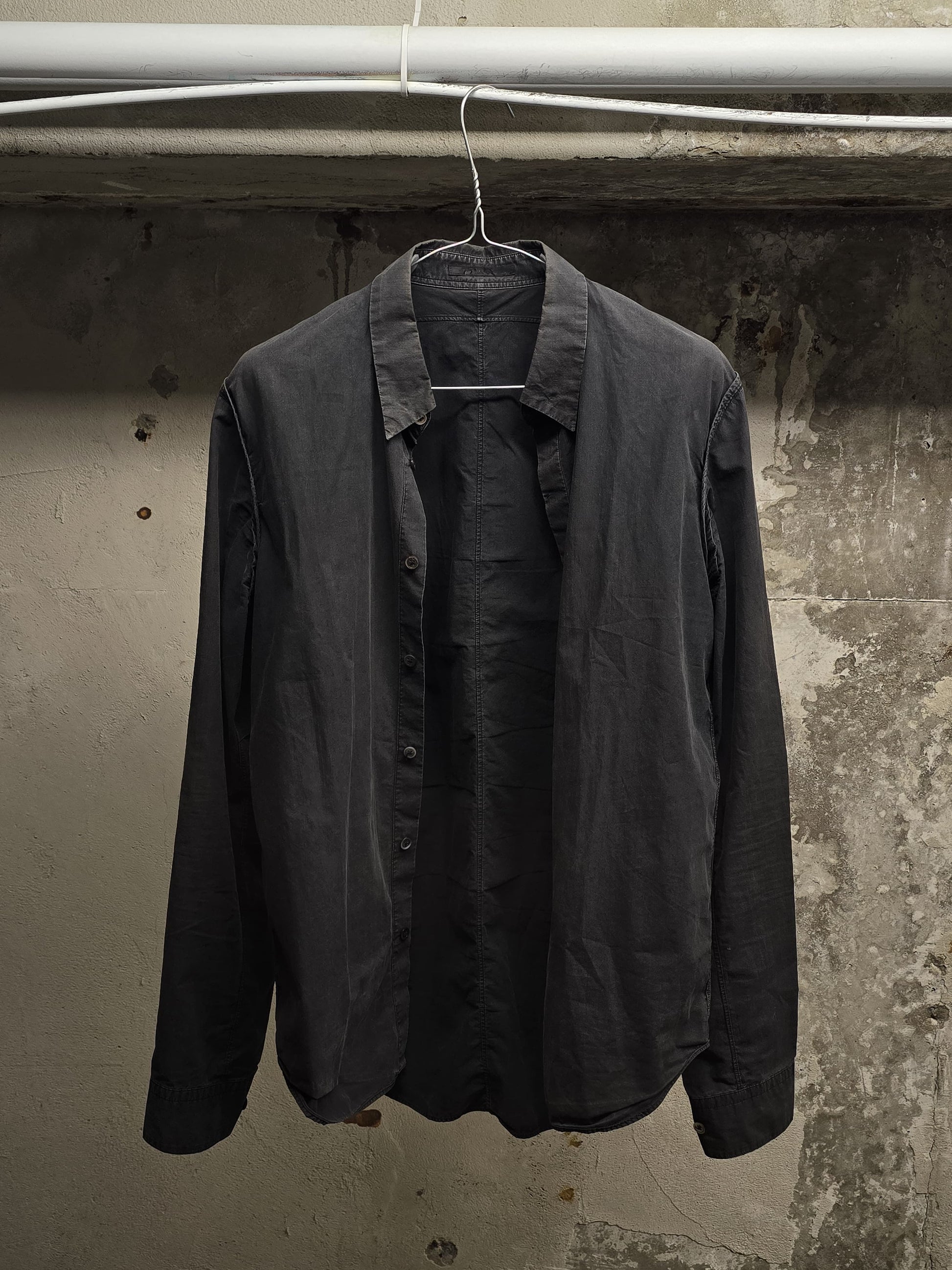 The Viridi-Anne Washed Charcoal Grey Pleated Button-Up Shirt detail | DRIEW GARMENTS
