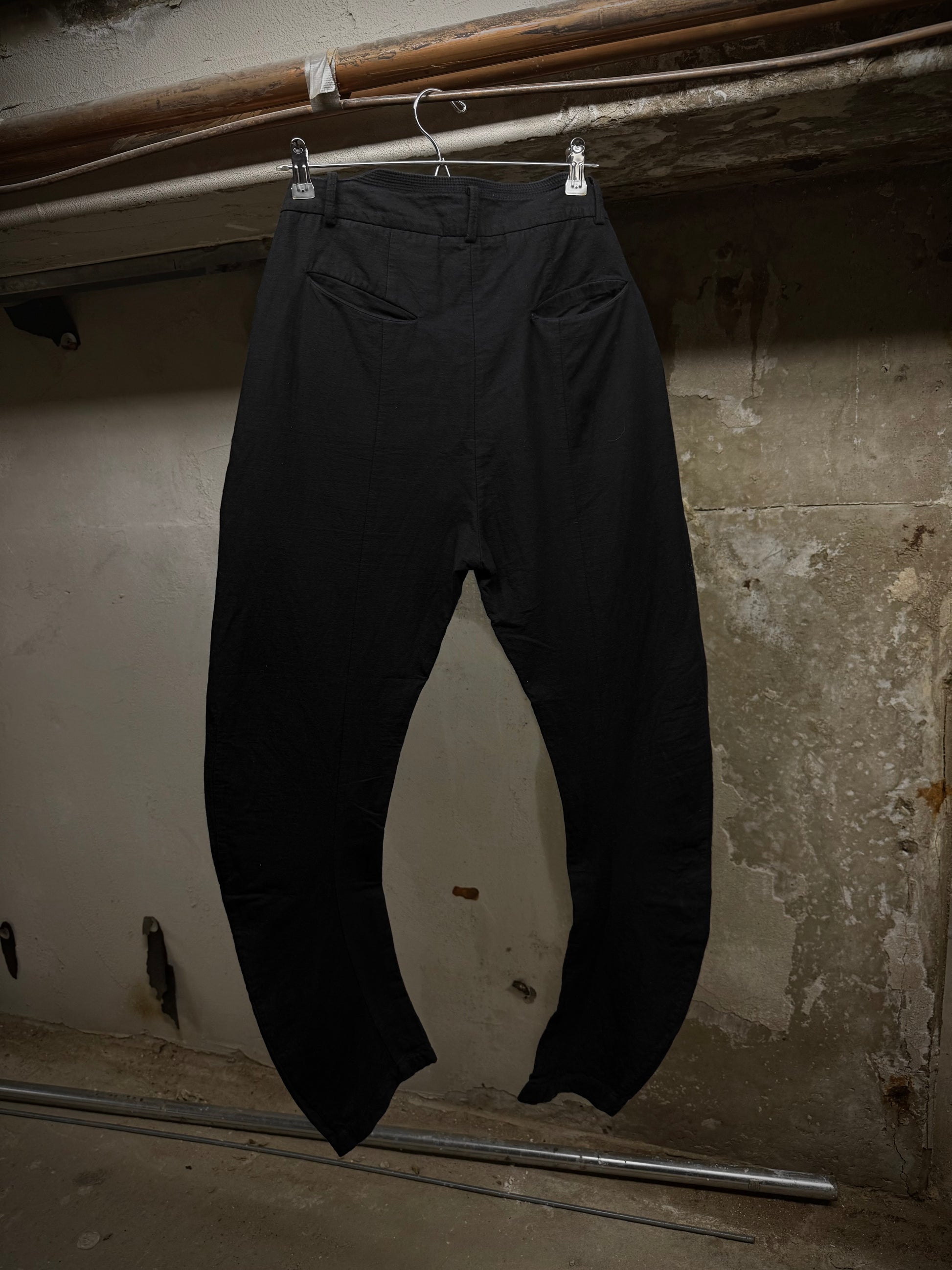 Masnada Washed Black Asymmetric Fly Overlock J-cut Pants detail | DRIEW GARMENTS