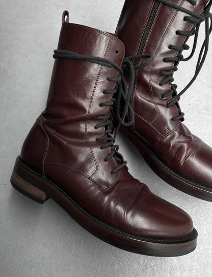 Ann Demeulemeester AW20 "Jazz Moro" Brown Lace-Up Calf Leather Combat Boots