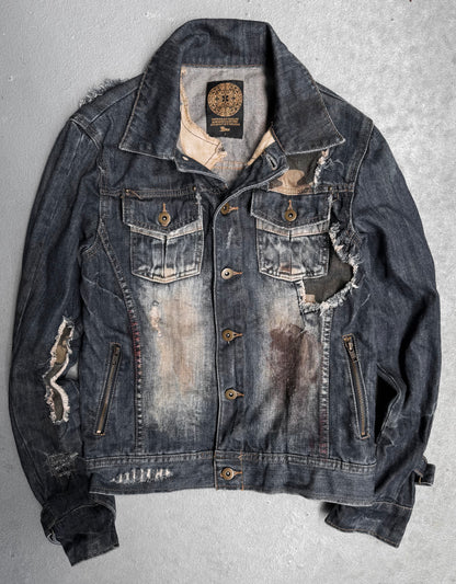 Midas Early 00s Mud-stained Camo Patchwork Denim Trucker Jacket