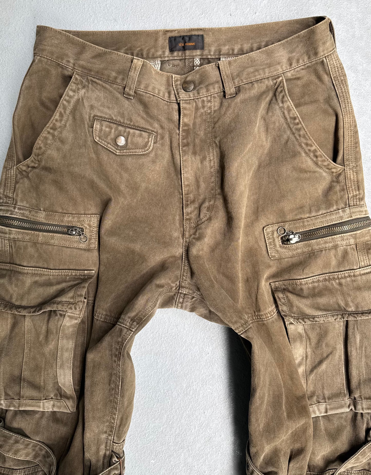 TÊTE HOMME Early 00s Khaki Heavyweight Flared Bondage Cargo Pants