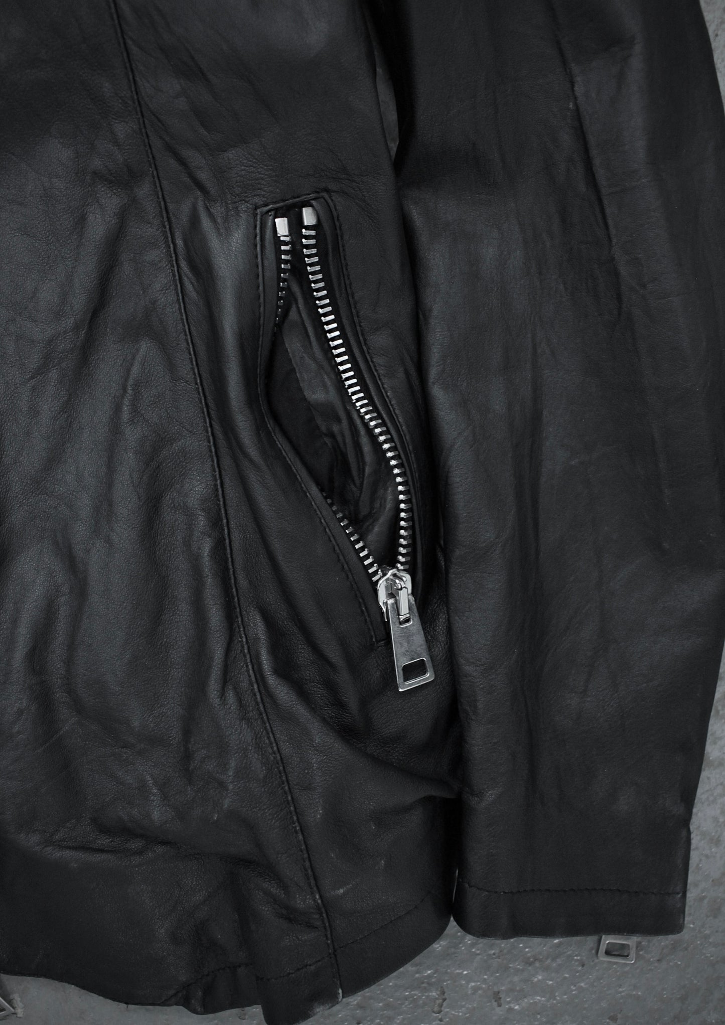 CLAUDIO IACOVELLI Asymmetrical Zip High Neck Calfskin Leather Jacket detail | DRIEW GARMENTS