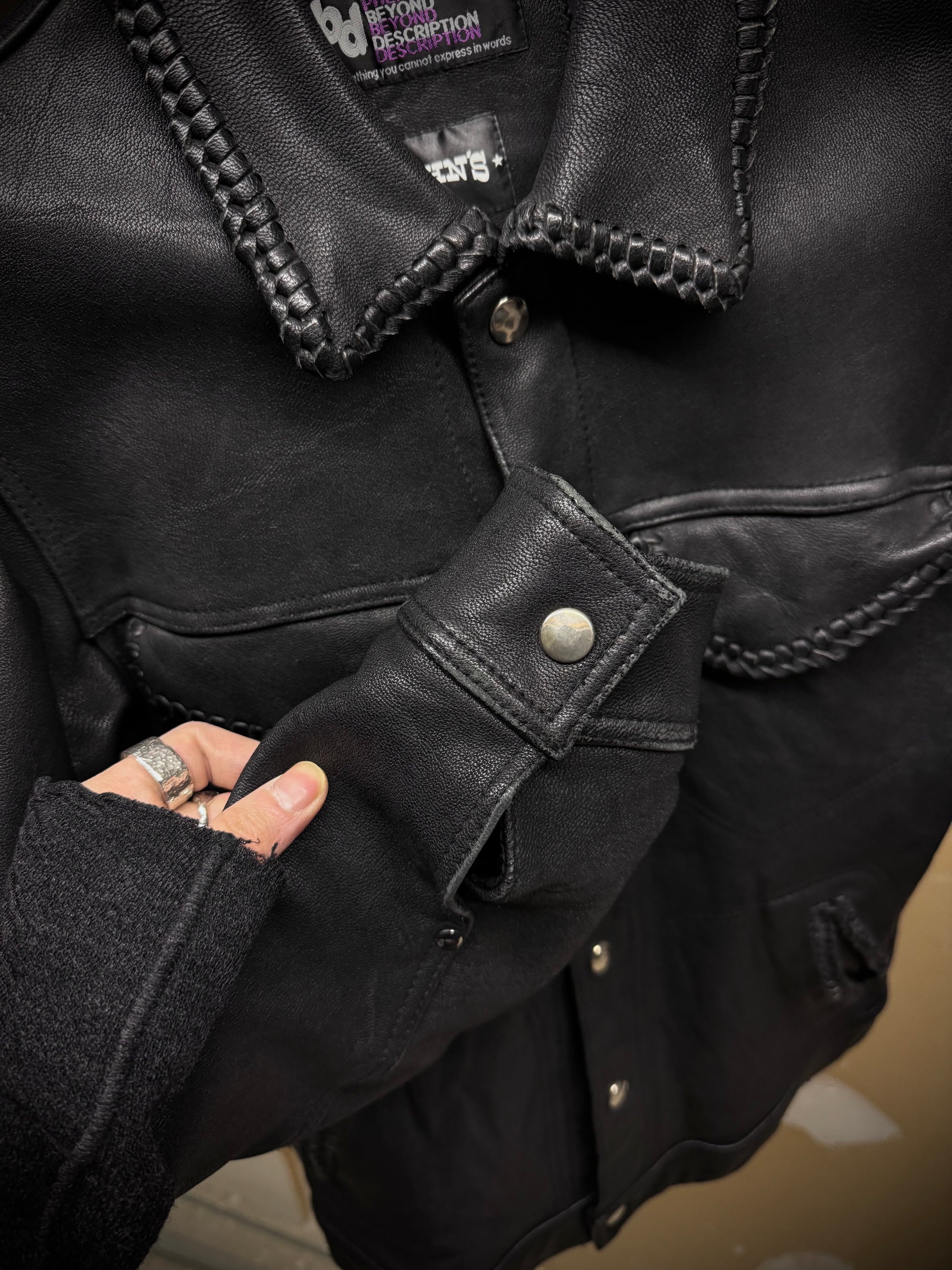 phenomenon beyond description x JOHN'S Braided Goatskin Leather Trucker Jacket detail | DRIEW GARMENTS