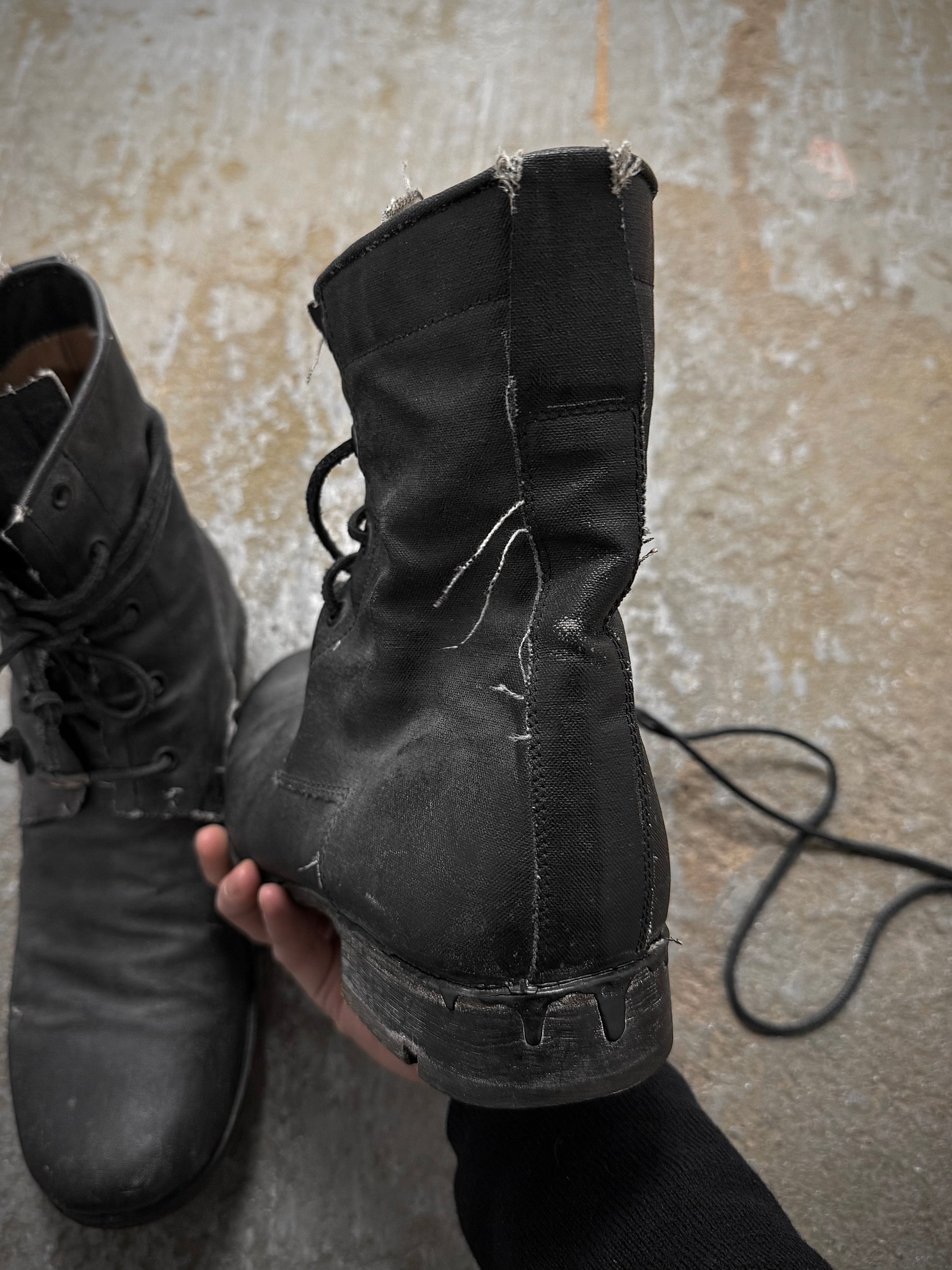Layer-0 2010s Distressed Grey Waxed Coated Vespucci Sail Hemp Ankle Boots detail | DRIEW GARMENTS