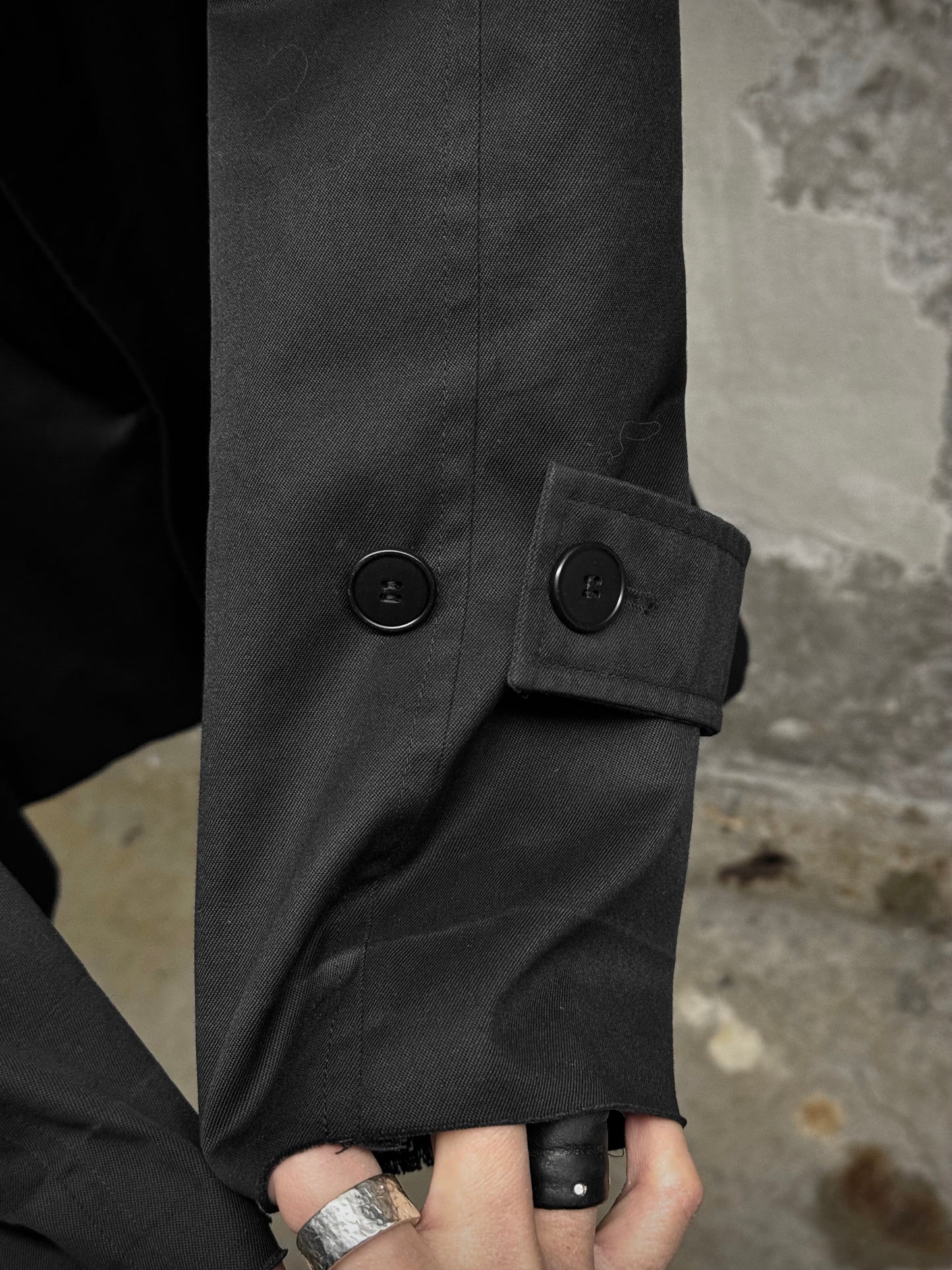 agnès b. homme Early 90s Cotton Poly Gaberdine Mac Coat detail | DRIEW GARMENTS