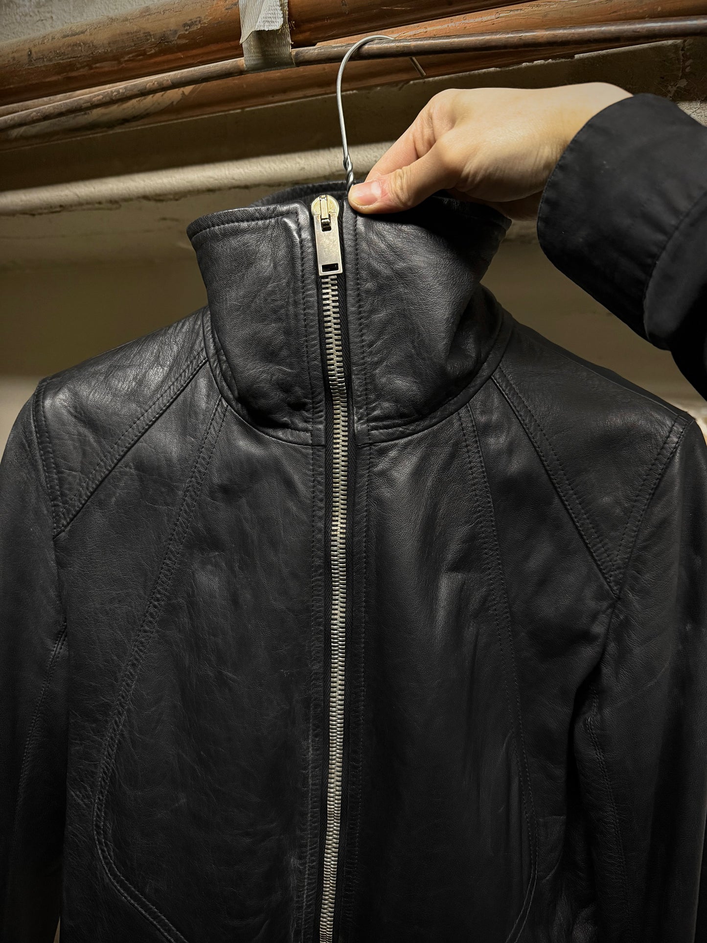 Rick Owens AW13 "PLINTH" High Neck Intarsia Calf Leather Jacket detail | DRIEW GARMENTS