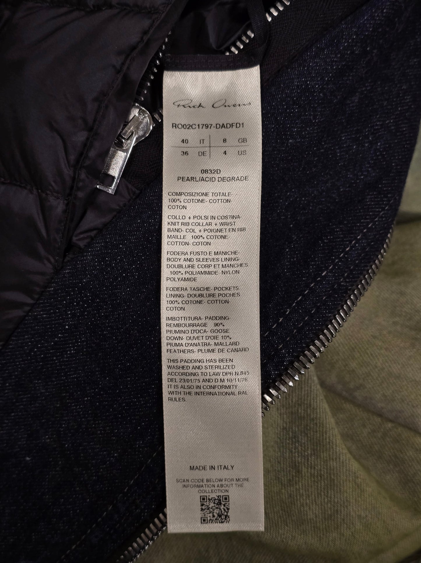 Rick Owens AW23 "LUXOR" PEARL ACID DEGRADE Jumbo Peter Flight Padded Denim Jacket