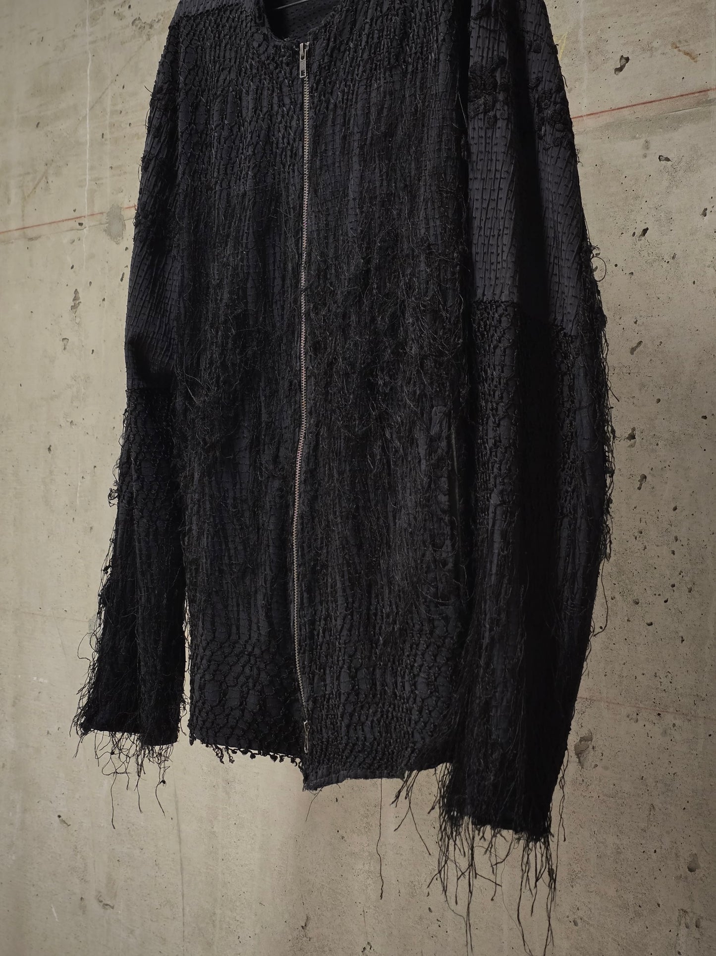 By Walid Black Silk Floral Embroidered Sashiko Fringe Front Zip Jacket