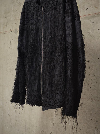 By Walid Black Silk Floral Embroidered Sashiko Fringe Front Zip Jacket