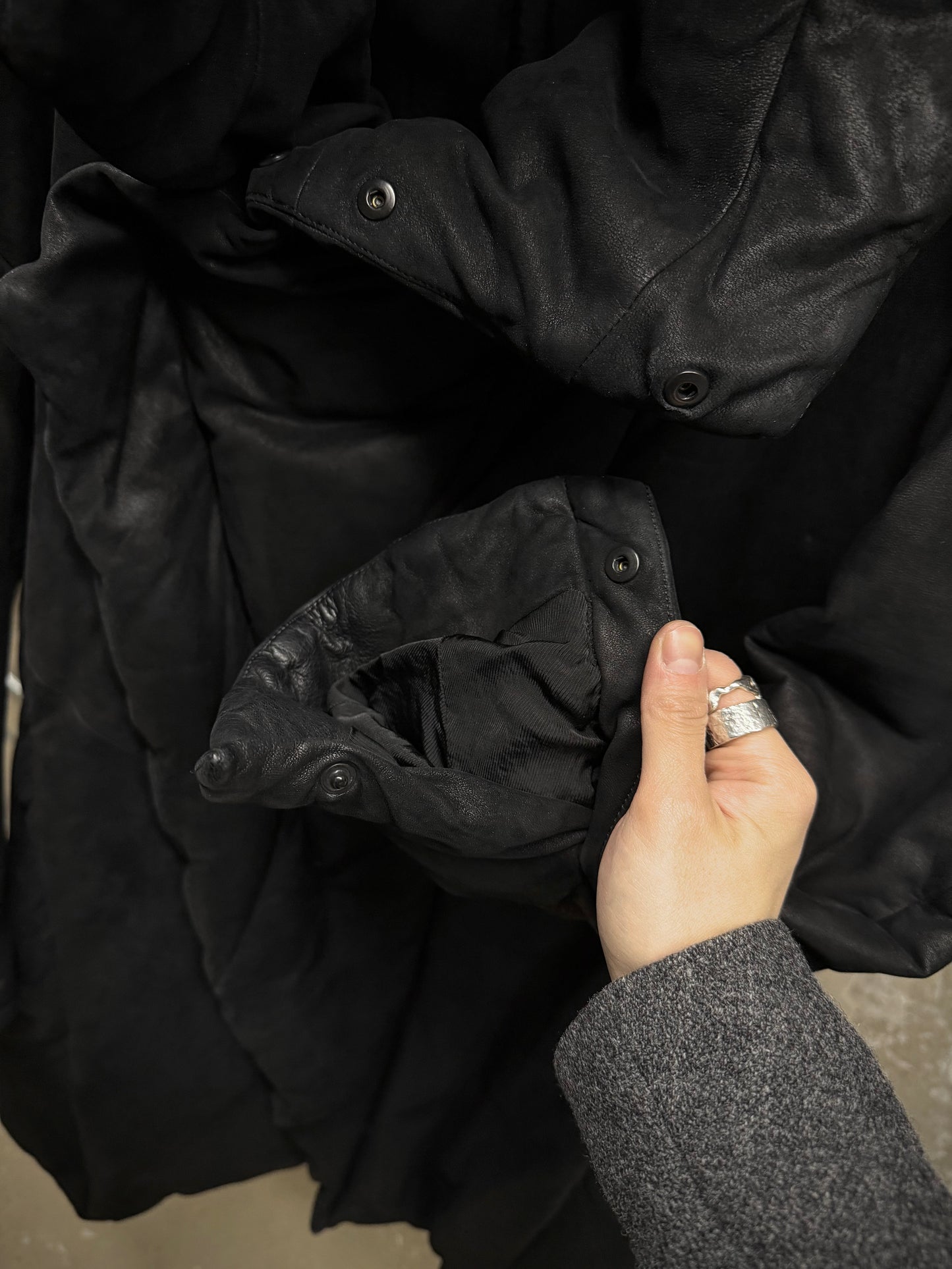 Julius_7 AW15-16 "sphere;" Hooded Lamb Nubuck Leather Down Puffer Jacket