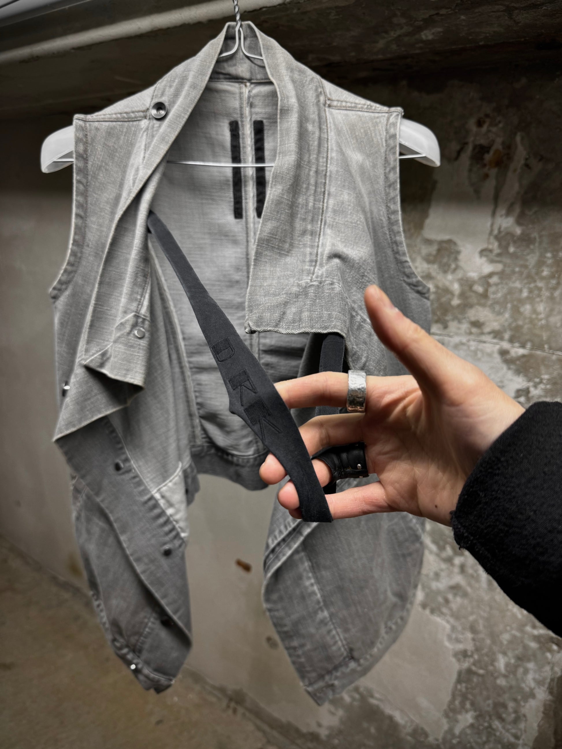 Rick Owens DRKSHDW AW08 "STAG" EGG Asymmetric Denim Vest detail | DRIEW GARMENTS