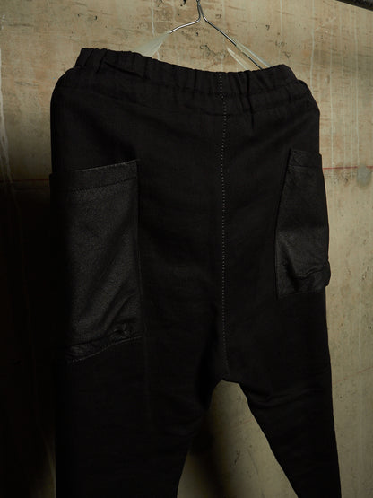 10sei0otto 2010s Black Linen Herringbone Overlock Frayed Hem Sweatpants