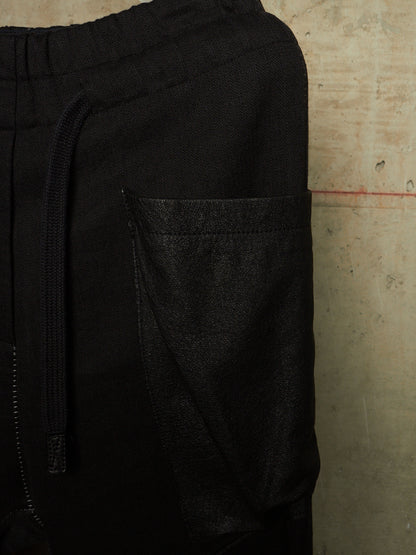 10sei0otto 2010s Black Linen Herringbone Overlock Frayed Hem Sweatpants