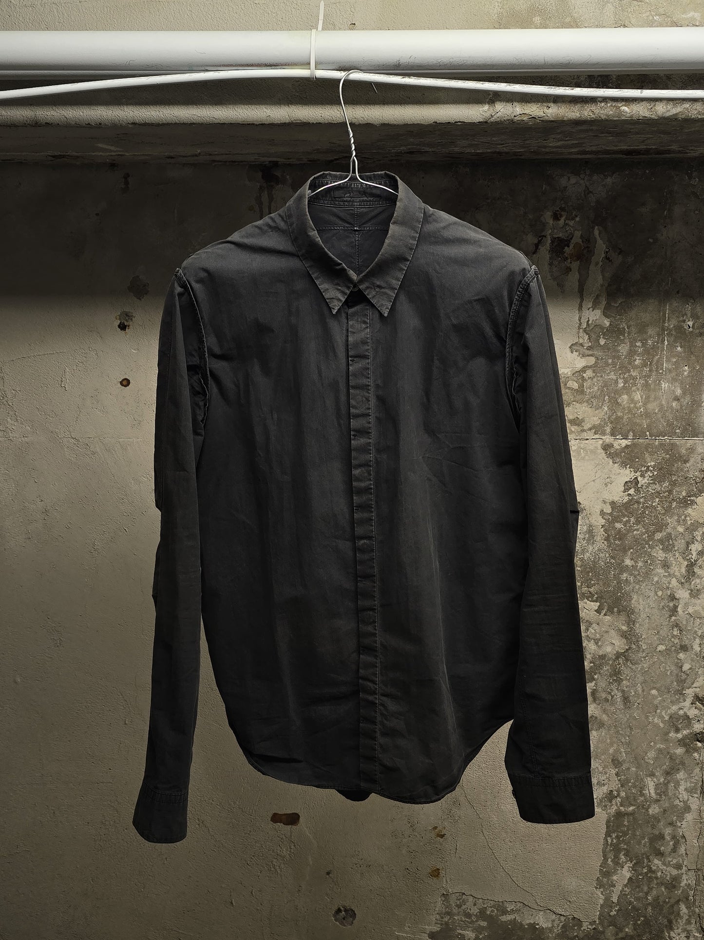 The Viridi-Anne Washed Charcoal Grey Pleated Button-Up Shirt | Archive Fashion Toronto