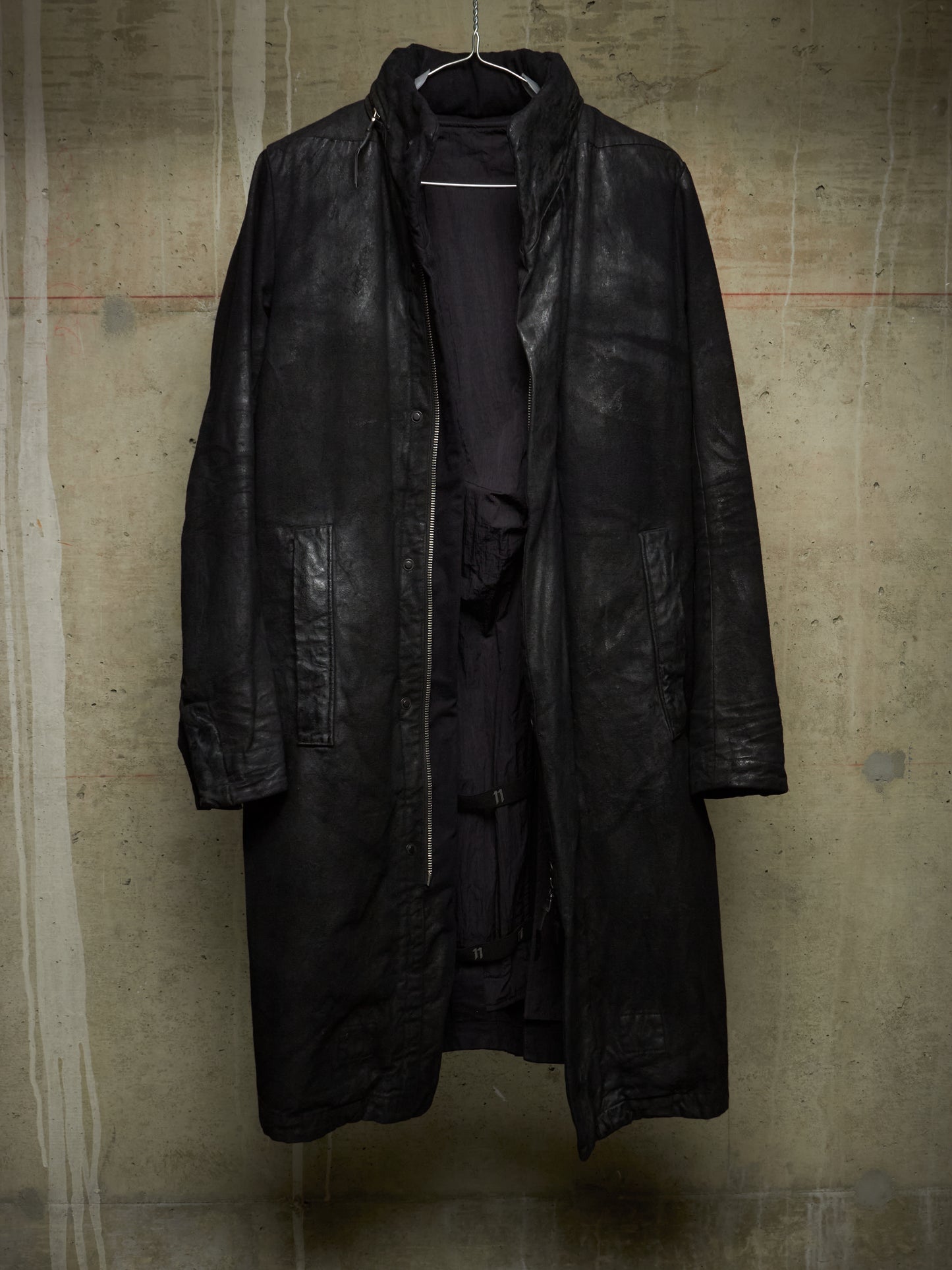 11 by Boris Bidjan Saberi 2010s Detachable Lining Concealed Hooded Waxed Denim Coat