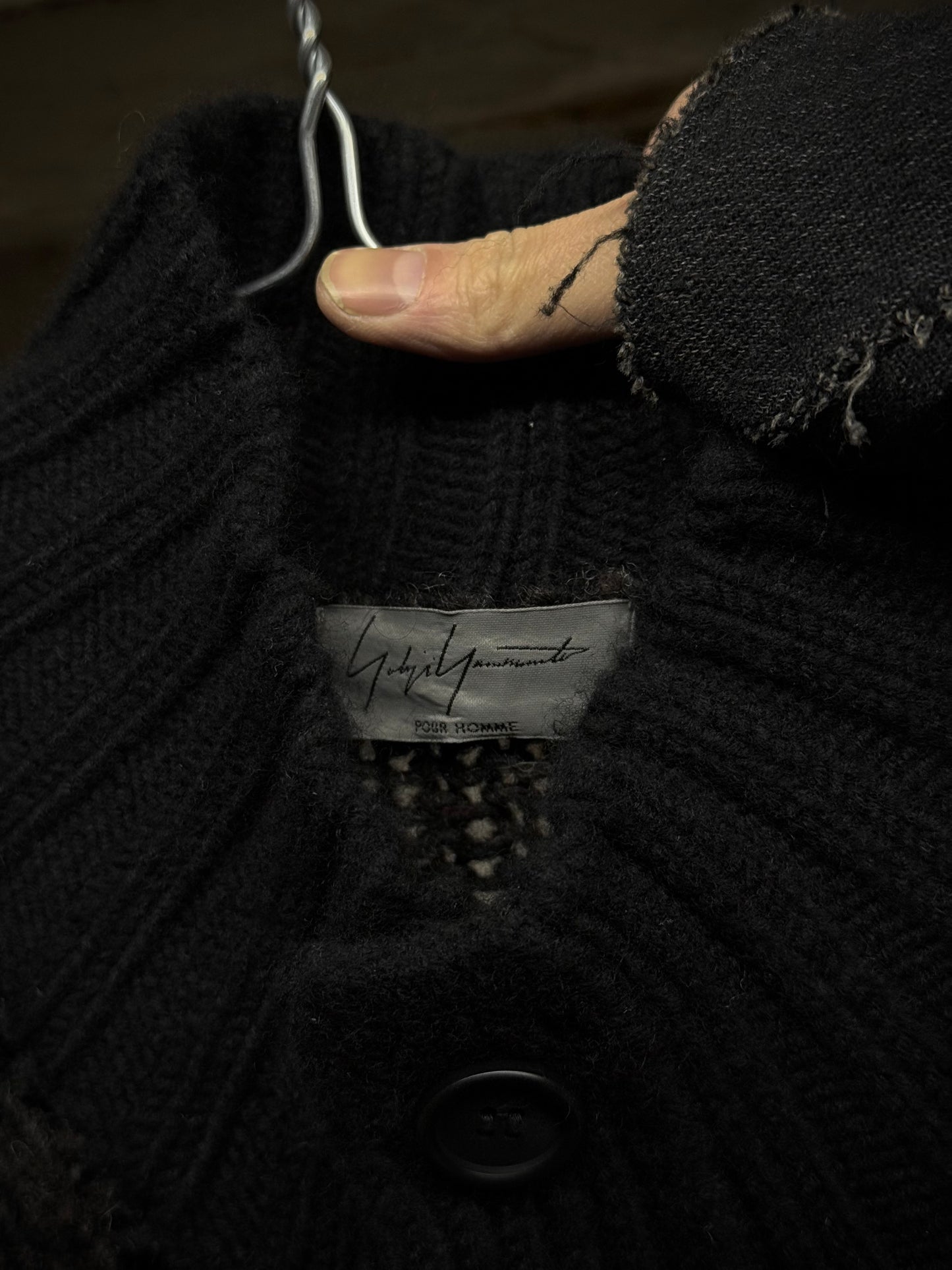 Yohji Yamamoto POUR HOMME AW15 Asymmetric Oversized Chunky Wool Cable Knit Cardigan detail | DRIEW GARMENTS