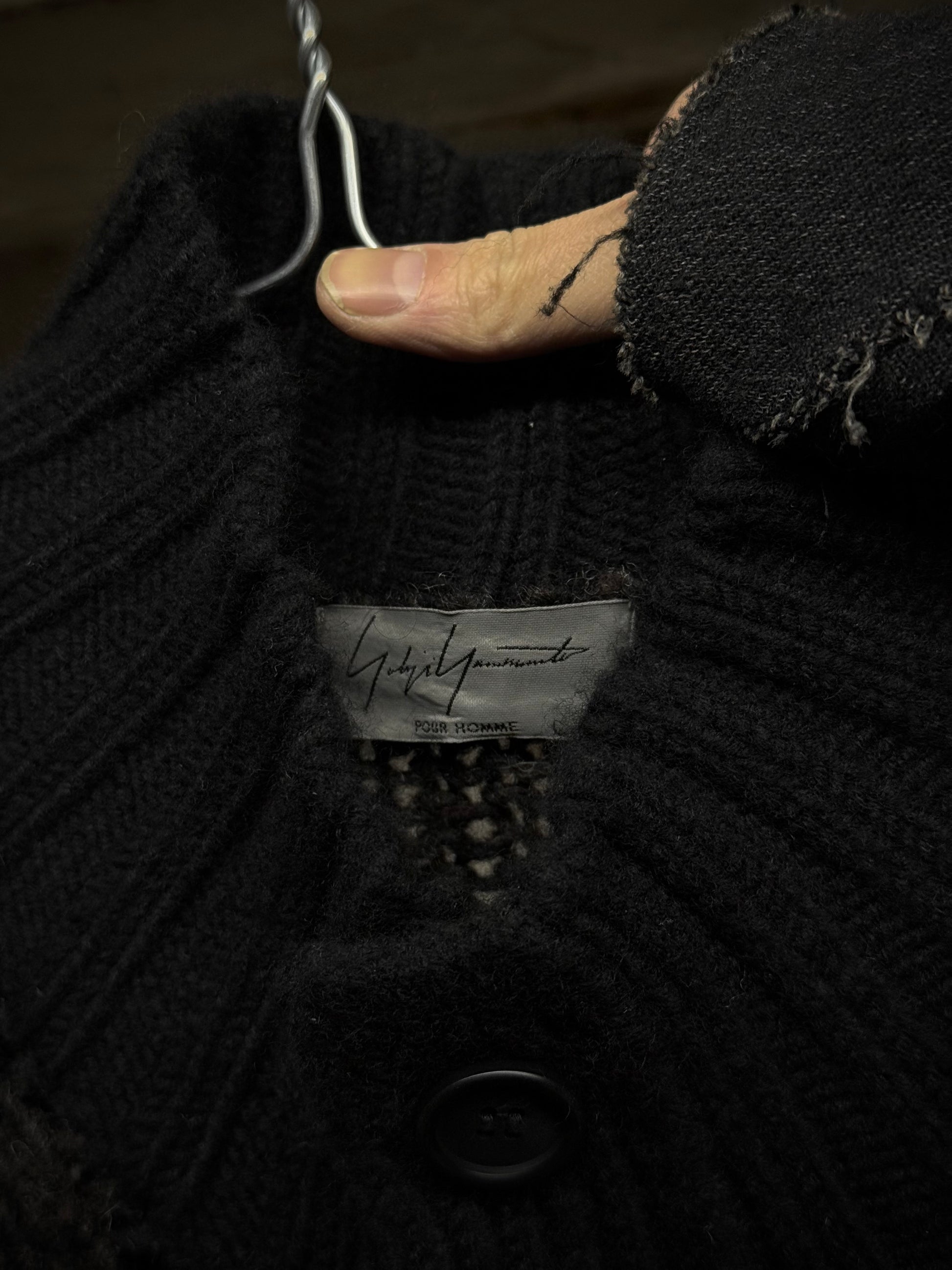 Yohji Yamamoto POUR HOMME AW15 Asymmetric Oversized Chunky Wool Cable Knit Cardigan detail | DRIEW GARMENTS