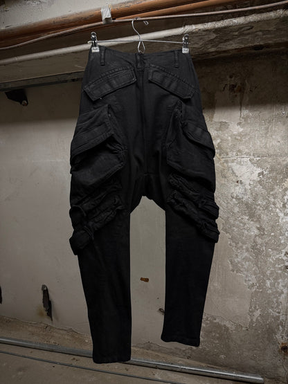 Julius_7 SS15 “prism;” Waxed Jumbo Velcro Gas-Mask Cargos Denim