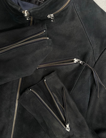 Tornado Mart Early 00s Dark Blue Corset Back Goatskin Suede Leather Jacket