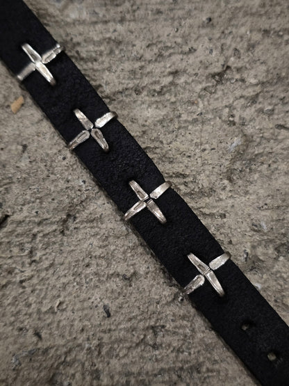 m.a+ 'A-F2BL1 GR 2.0' .925 Silver Cross Studded Cow Leather Wristband