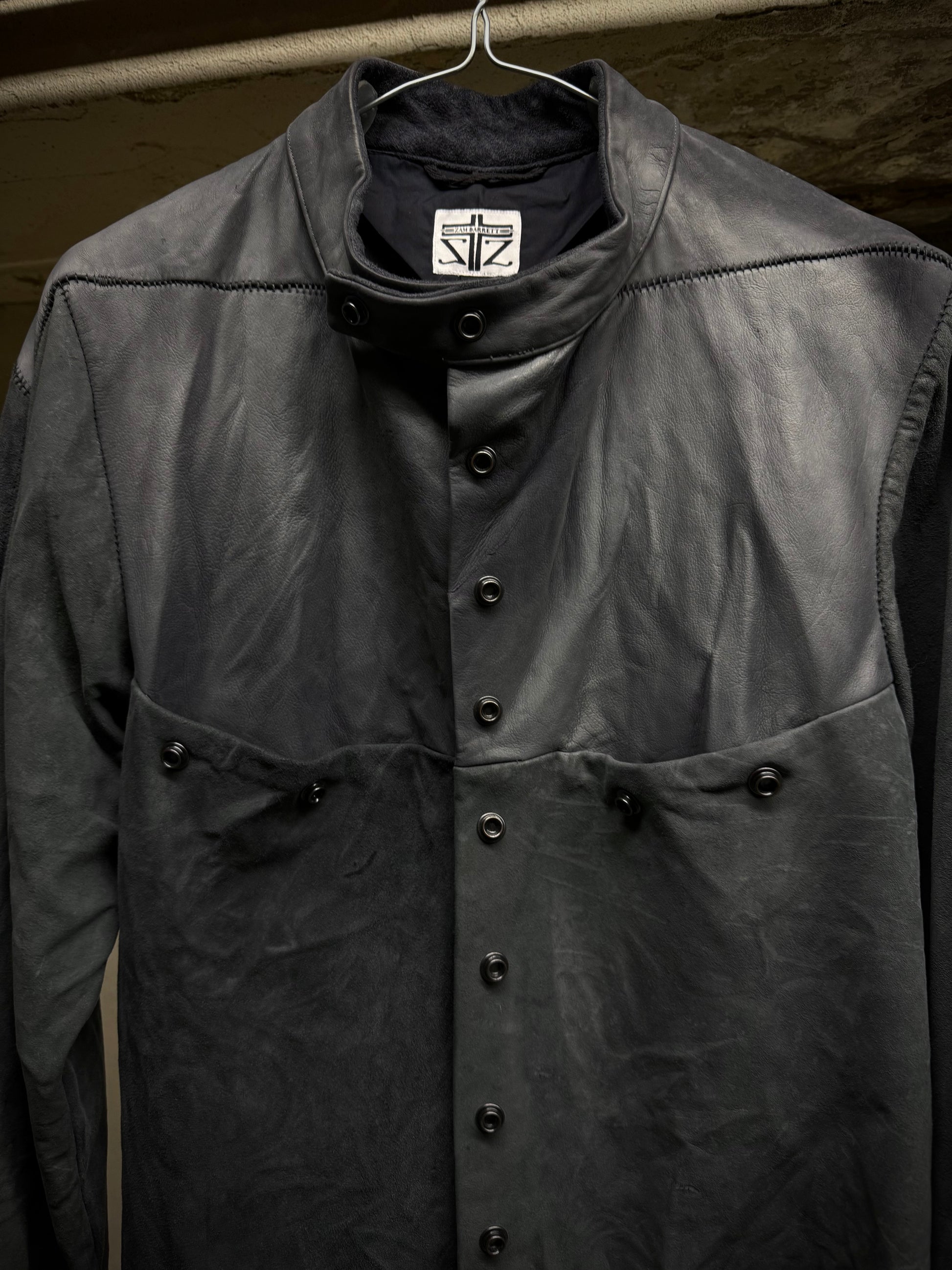 Zam Barrett SS25 Two-Toned Overlock Kangaroo ‘Faulted Shoulder 2.0’ Leather Jacket detail | DRIEW GARMENTS