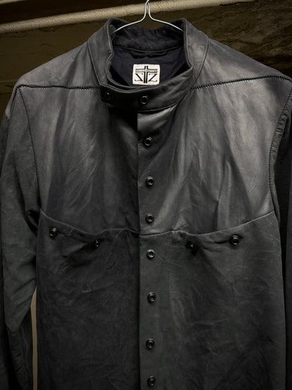 Zam Barrett SS25 Two-Toned Overlock Kangaroo ‘Faulted Shoulder 2.0’ Leather Jacket detail | DRIEW GARMENTS