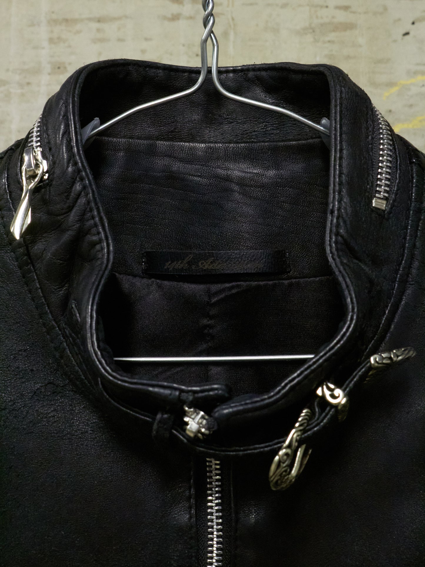 14thAddiction Distressed Sheepskin Leather Cross-Zip Jacket