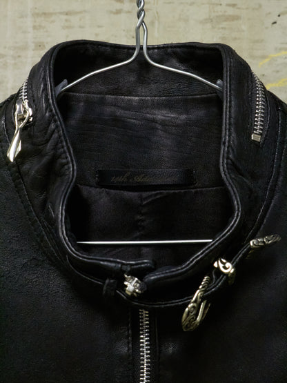 14thAddiction Distressed Sheepskin Leather Cross-Zip Jacket