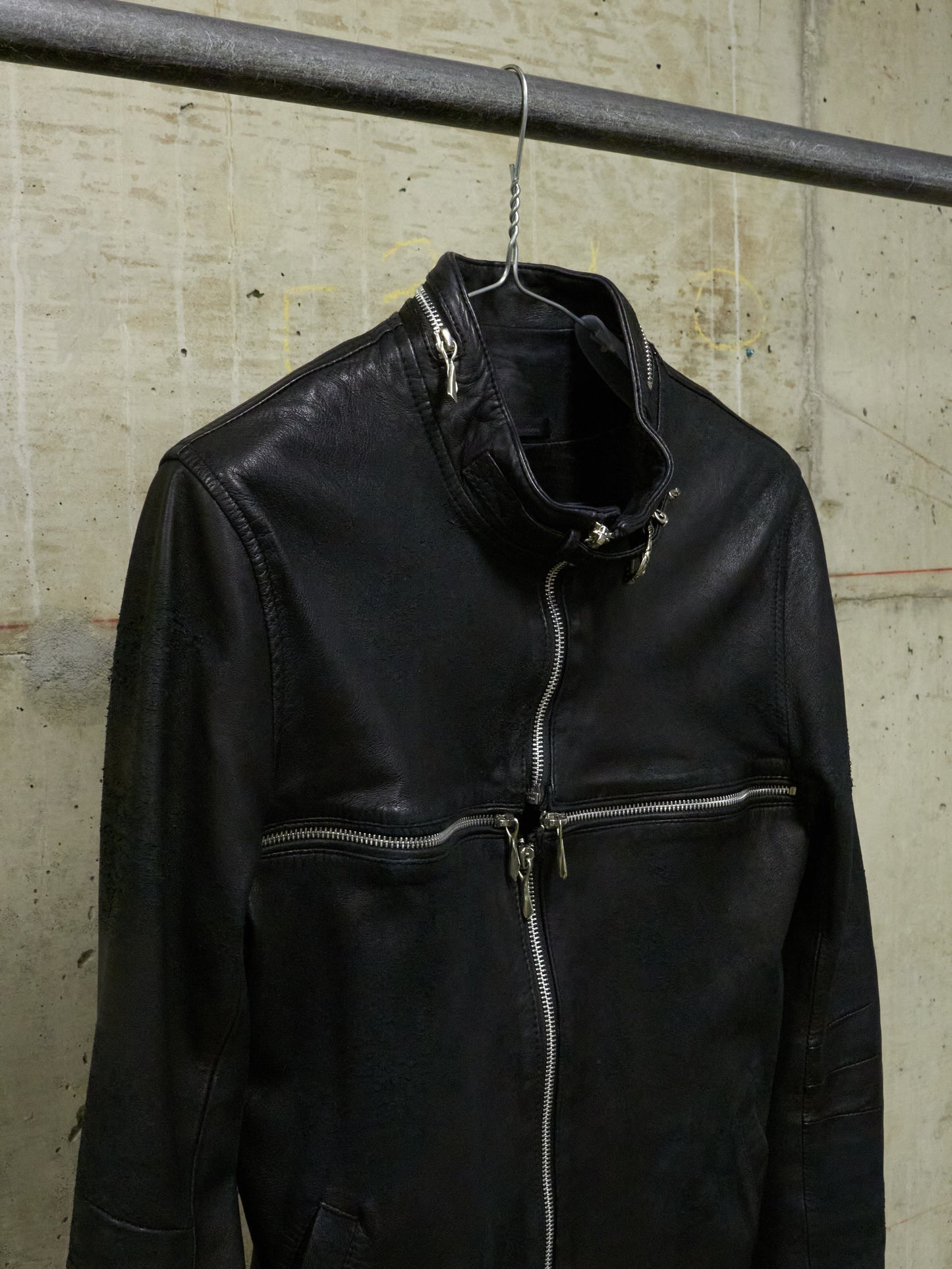 14thAddiction Distressed Sheepskin Leather Cross-Zip Jacket