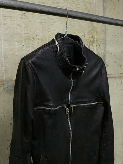 14thAddiction Distressed Sheepskin Leather Cross-Zip Jacket
