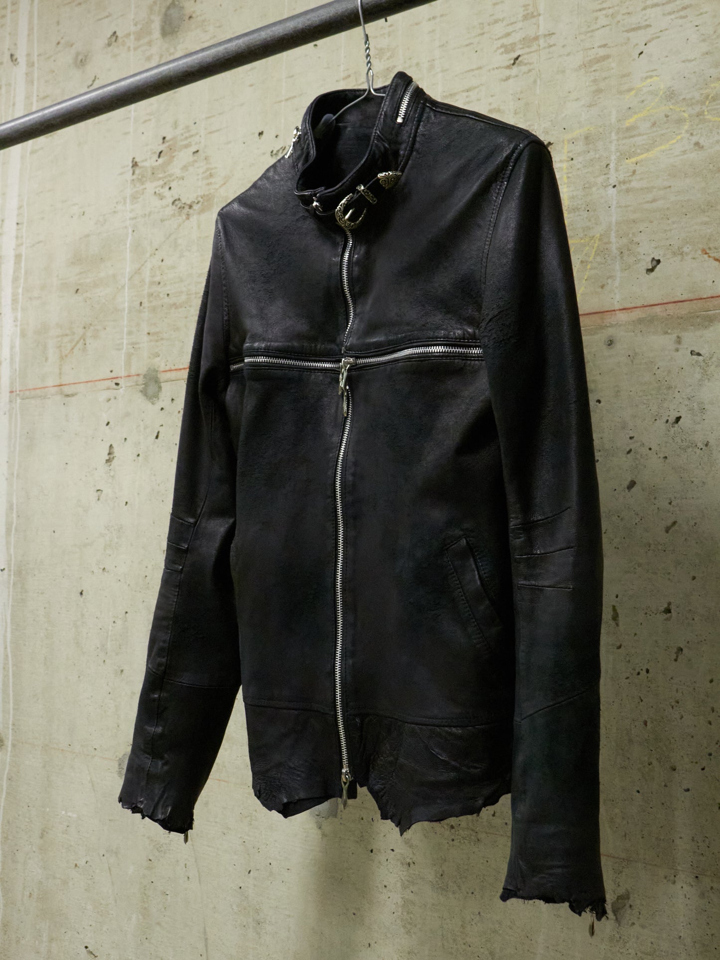 14thAddiction Distressed Sheepskin Leather Cross-Zip Jacket