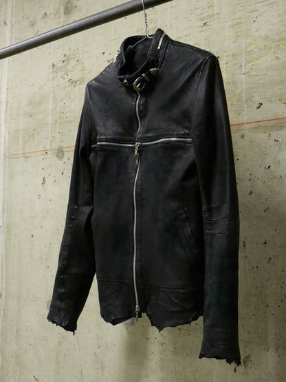 14thAddiction Distressed Sheepskin Leather Cross-Zip Jacket