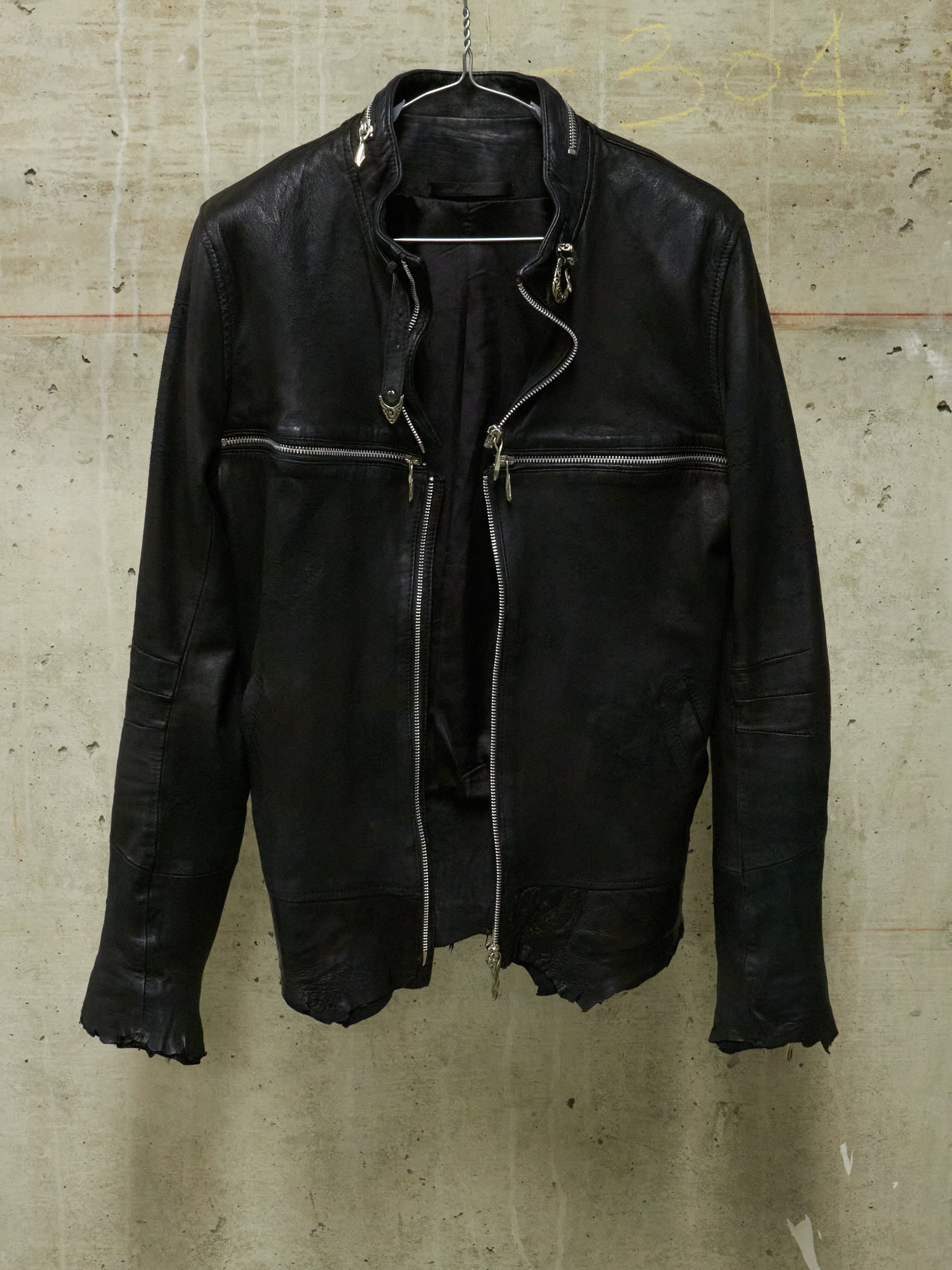 14thAddiction Distressed Sheepskin Leather Cross-Zip Jacket