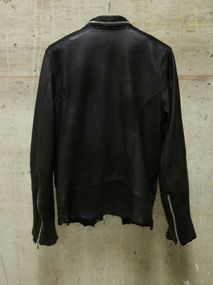 14thAddiction Distressed Sheepskin Leather Cross-Zip Jacket
