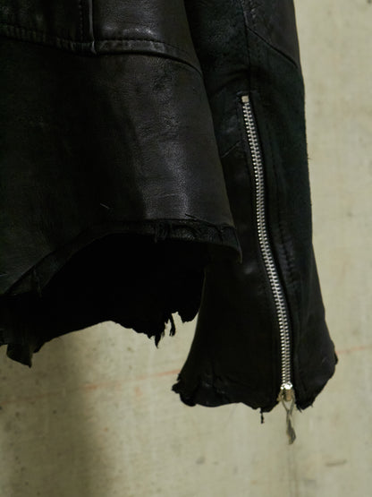 14thAddiction Distressed Sheepskin Leather Cross-Zip Jacket