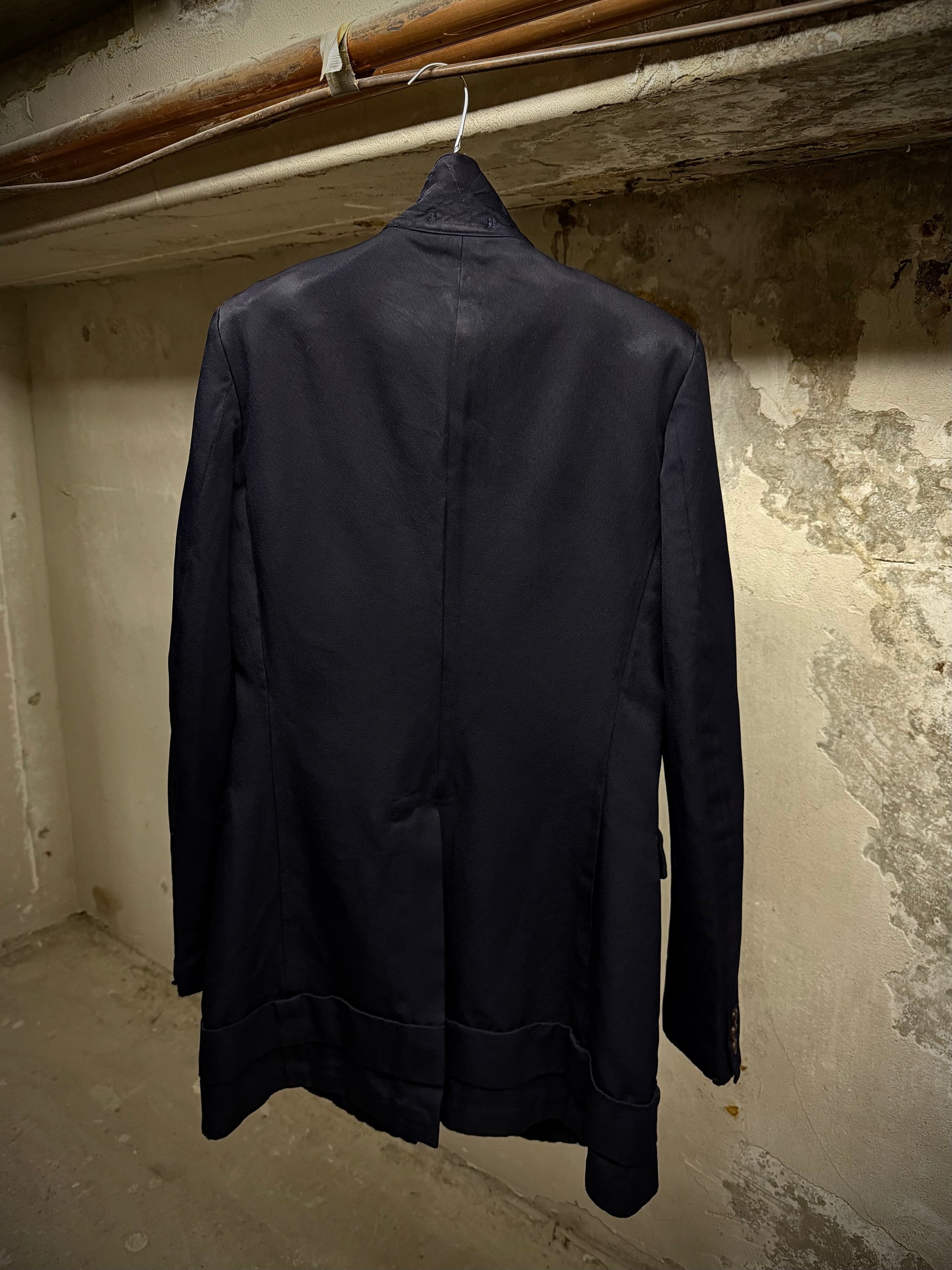 COMME des GARÇONS HOMME PLUS AW13 Dark Navy Hem Strap Poly Long Blazer detail | DRIEW GARMENTS