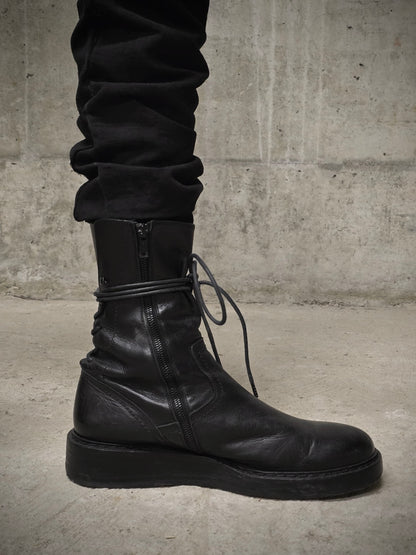 Ann Demeulemeester AW21 Black ‘Vitello’ Back-Lace Leather Boots