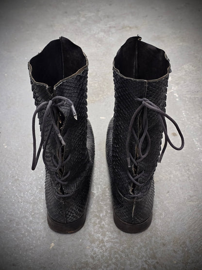 Carpe Diem Early 00s Charcoal Grey Python Skin Back-Lace Boots