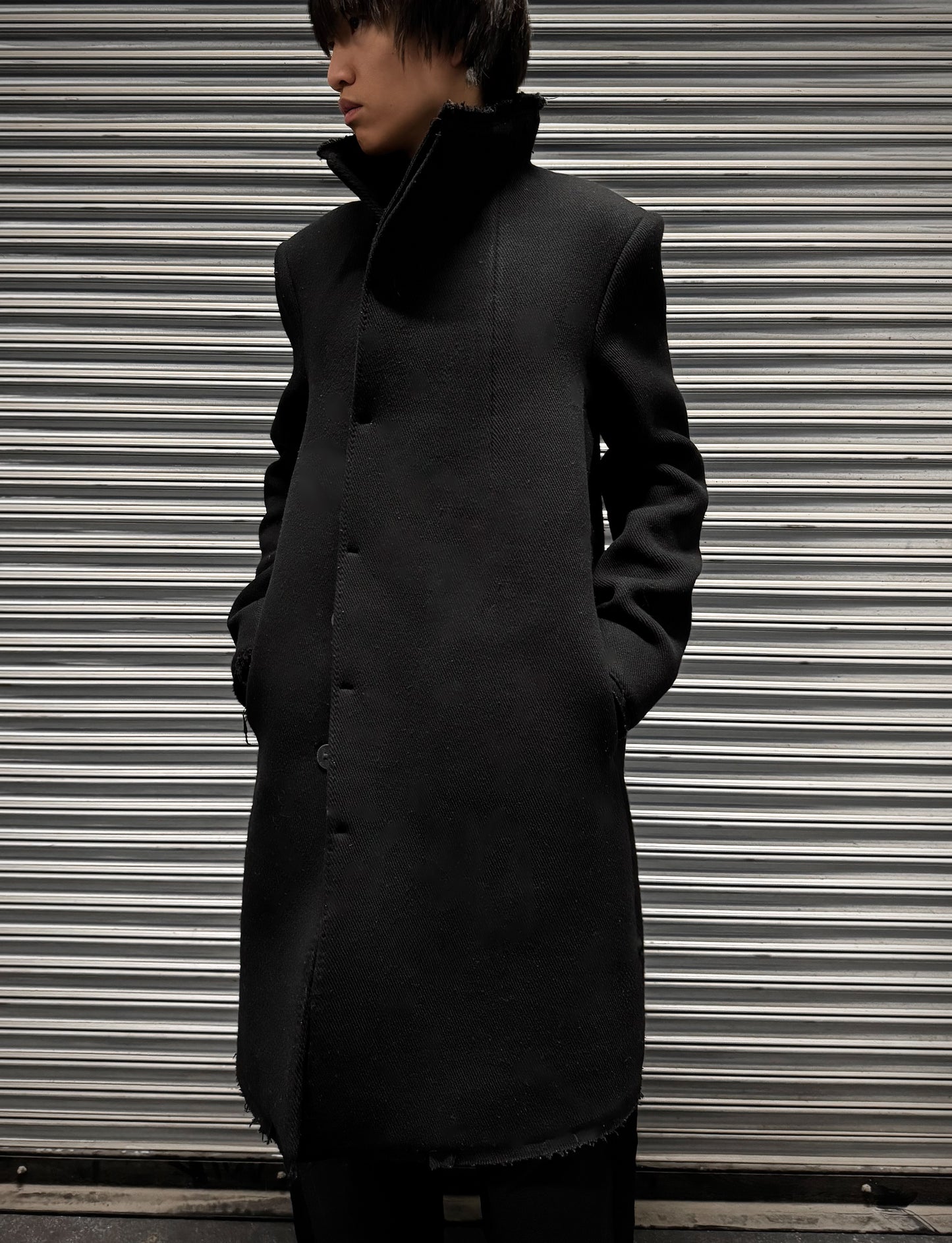 Boris Bidjan Saberi AW21 'COAT MID 1 F19203' Frayed Edge High Neck Wool Coat