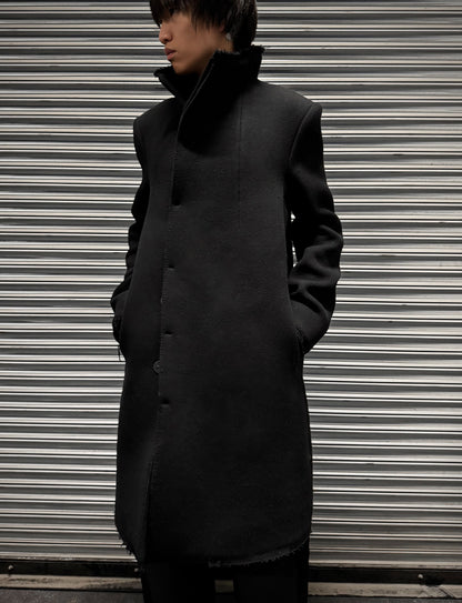 Boris Bidjan Saberi AW21 'COAT MID 1 F19203' Frayed Edge High Neck Wool Coat
